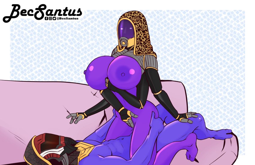 big_breasts breasts cowgirl_position female from_front_position furniture huge_breasts hyper hyper_breasts male multi_arm multi_limb nipples on_bottom on_top purple_body purple_nipples sex sofa becsantus bioware electronic_arts mass_effect sala'nori_vas_koto alien quarian hi_res signature