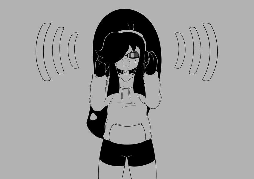 2_mouths anthro bodily_fluids bottomwear choker clothing crying electronics eyewear glasses headphones hoodie hotpants jewelry male multi_mouth necklace shorts solo tears topwear mhicky93 nintendo pokemon mhicky_(mhicky93) generation_3_pokemon mawile pokemon_(species) hi_res monochrome