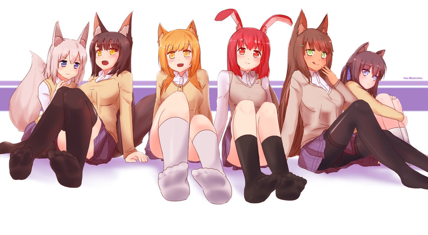 bottomwear clothed clothing female footwear group hair legwear licking licking_lips miniskirt orange_hair red_hair school_uniform skirt socks tongue tongue_out uniform nao_(artist) animal_humanoid canid canid_humanoid canine canine_humanoid humanoid lagomorph lagomorph_humanoid leporid_humanoid mammal mammal_humanoid rabbit_humanoid digital_media_(artwork) hi_res shaded