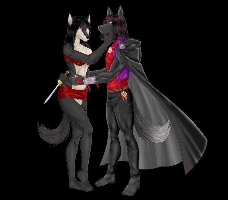 anthro biped bone breasts cape clothed clothing duo female knife male simple_background skull smile transparent_background reiner55 sirus the_sake_ninja canid canine canis fox mammal wolf 2014 absurd_res alpha_channel colored hi_res