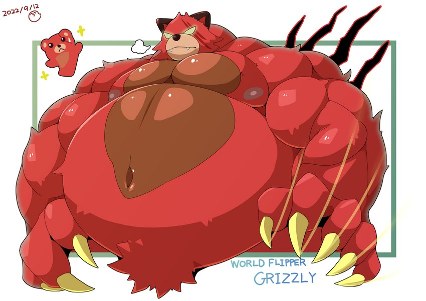 5_fingers anthro belly belly_tuft big_belly big_muscles black_nose breath claws eye_scar facial_scar fangs fingers fur male musclegut muscular muscular_anthro muscular_male nipples no_pupils overweight overweight_anthro overweight_male pecs red_belly red_body red_fur scar solo standing swipe swiping teeth tuft 2yakitori2 cygames world_flipper grizzly_(world_flipper) bear mammal hi_res