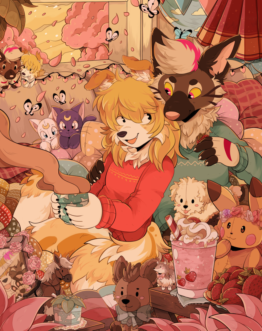 animal_plushie anthro bow_(feature) bow_tie brown_body brown_fur canine_plushie cat_plushie character_plushie clothed clothing cloud cloud_print container cup detailed_ambient_creature detailed_background dog_plushie drinking_straw duo_focus equine_plushie female feral fur group holding_container holding_cup holding_object looking_at_another male open_mouth open_smile pikachu_plushie pink_nose plushie pokemon_plushie smile star star_pattern star_polygon star_print sweater topwear yellow_body yellow_fur sherwind nintendo pokemon ambient_arthropod ambient_butterfly ambient_flier ambient_insect arthropod butterfly canid canine canis domestic_dog generation_1_pokemon inanimate_object insect lepidopteran mammal pikachu pokemon_(species) 2019 hi_res warm_colors