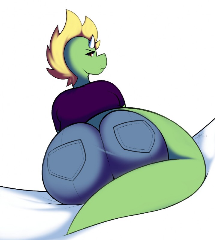 anthro big_butt biped blonde_hair bottomwear brown_eyes butt clothing curvy_figure denim denim_bottomwear denim_clothing female green_body green_scales hair horn jeans long_tail mohawk pants purple_clothing purple_shirt purple_topwear rear_view scales shirt slightly_chubby solo tail thick_tail thick_thighs topwear voluptuous wide_hips digitalpelican mythology sasha_(digitalpelican) dragon mythological_creature mythological_scalie scalie hi_res