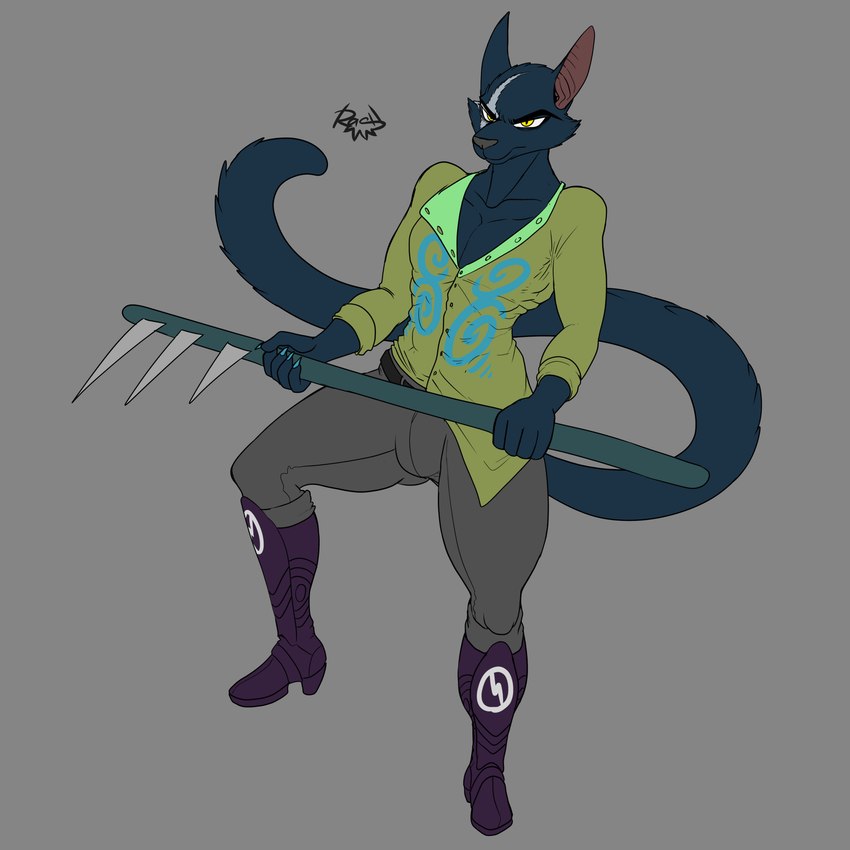 anthro black_eyebrows blue_nails boots bottomwear button_(fastener) clothed clothing colored_nails eyebrows footwear grey_background long_ears long_tail looking_at_viewer male nails outline pants shirt shoes simple_background solo standing tail topwear weapon yellow_eyes rashchaos mammal 1:1 2022 absurd_res digital_media_(artwork) hi_res signature