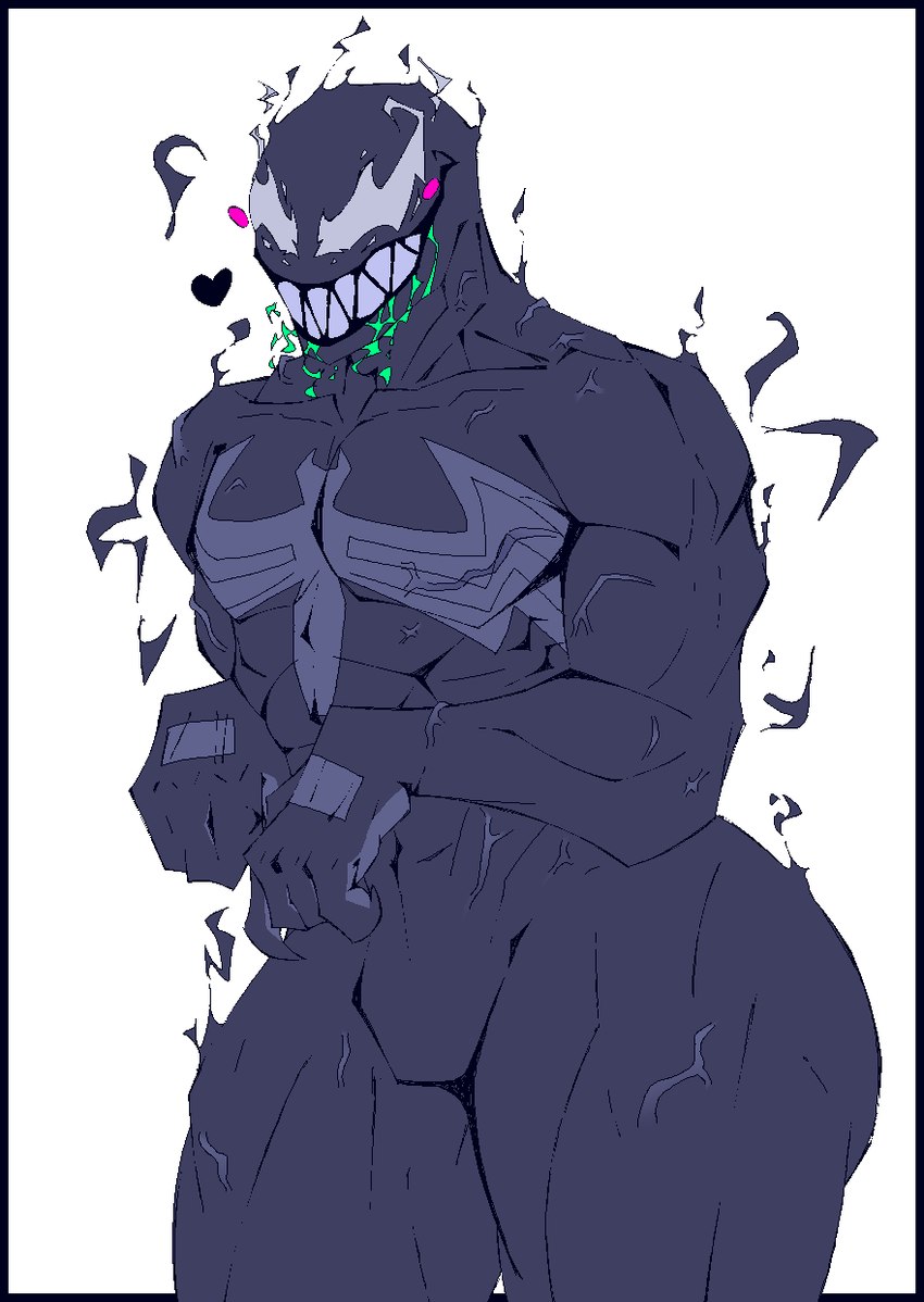 abs biceps big_butt big_muscles black_border blush bodily_fluids border butt claws drooling fingers grey_background heart_symbol huge_muscles huge_thighs male motion_lines muscular muscular_humanoid muscular_male not_furry pecs saliva scar sharp_teeth simple_background smile solo standing teeth thick_thighs xexeezy marvel venom_(marvel) alien humanoid symbiote 2023 digital_media_(artwork) hi_res unavailable_at_source