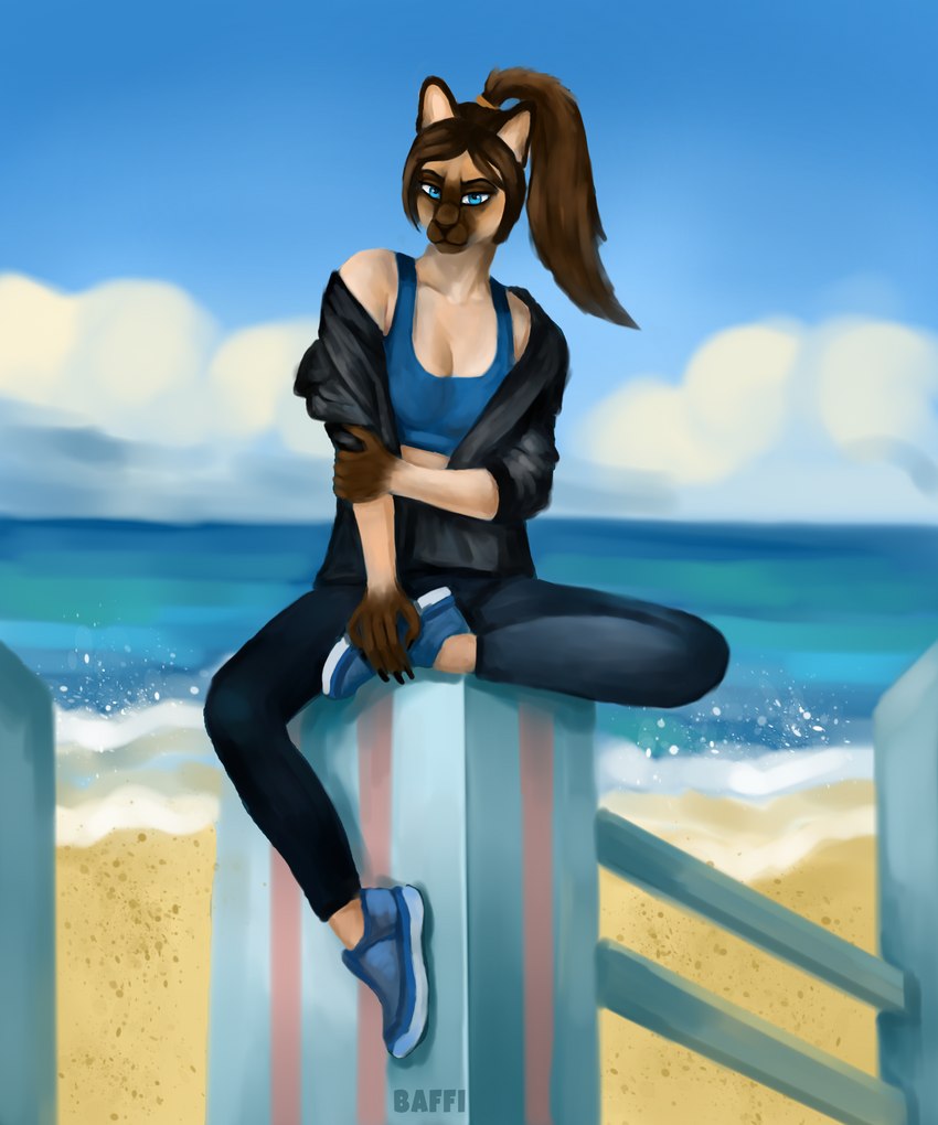 anthro beach biped black_clothing black_jacket black_topwear blue_clothing blue_eyes blue_footwear blue_shoes bottomwear breasts brown_hair cleavage clothed clothing cloud denim denim_bottomwear denim_clothing detailed_background female footwear fur hair humanoid_hands jacket jeans looking_at_viewer outside pants sand seaside shoes sitting sky sneakers solo topwear water lora_mclaren felid feline mammal 2021 5:6 absurd_res digital_media_(artwork) hi_res