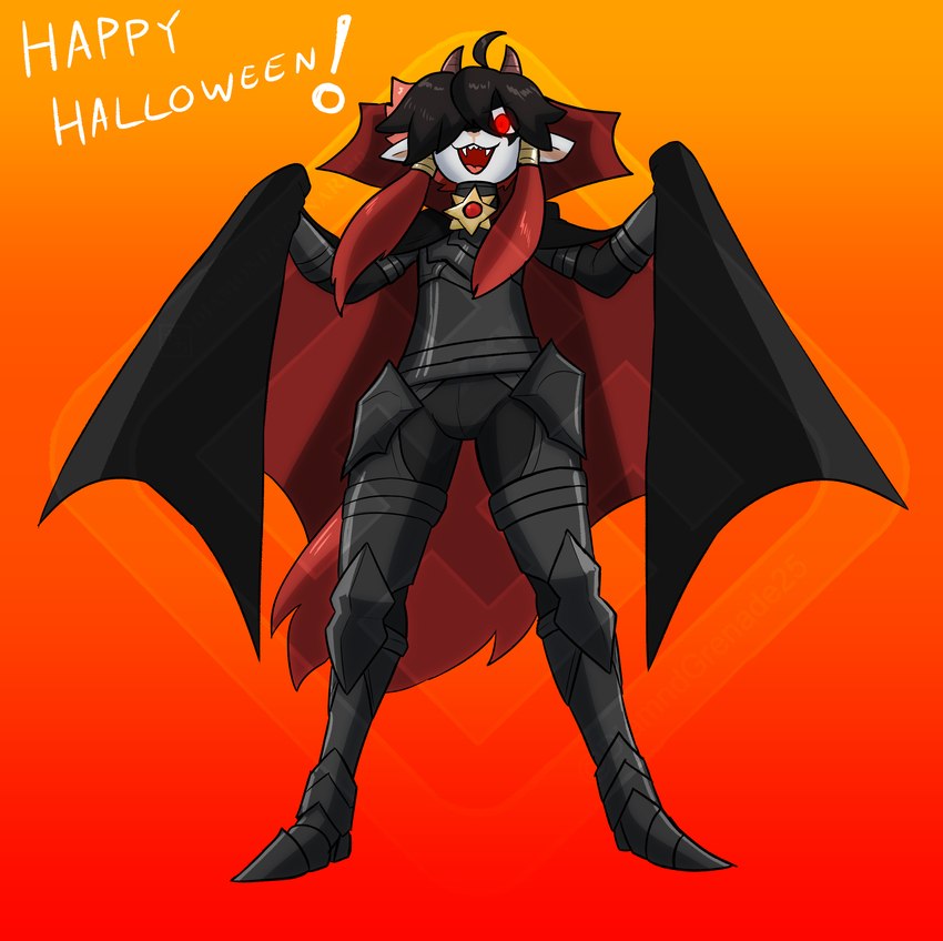 anthro armor black_armor cape clothing fangs fusion happy_halloween holidays horn jewelry male one_eye_obstructed pendant pokemon_fusion red_eyes solo teeth diamond_grenadier halloween nintendo pokemon dracula hektor_the_horny_edgy_knight generation_6_pokemon generation_8_pokemon honedge legendary_pokemon pokemon_(species) vampire wooloo zacian absurd_res hi_res