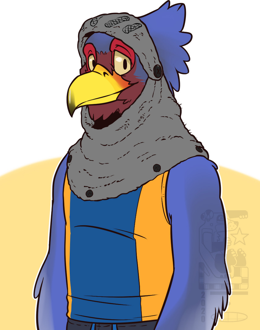 anthro beak belt blue_body blue_feathers cloth clothing eyebrows feathers headwrap looking_at_viewer male raised_eyebrows shirt simple_background solo standing topwear yellow_beak eclipticafusion animal_crossing nintendo sterling_(animal_crossing) accipitrid accipitriform avian bird eagle 2020 half-length_portrait portrait watermark