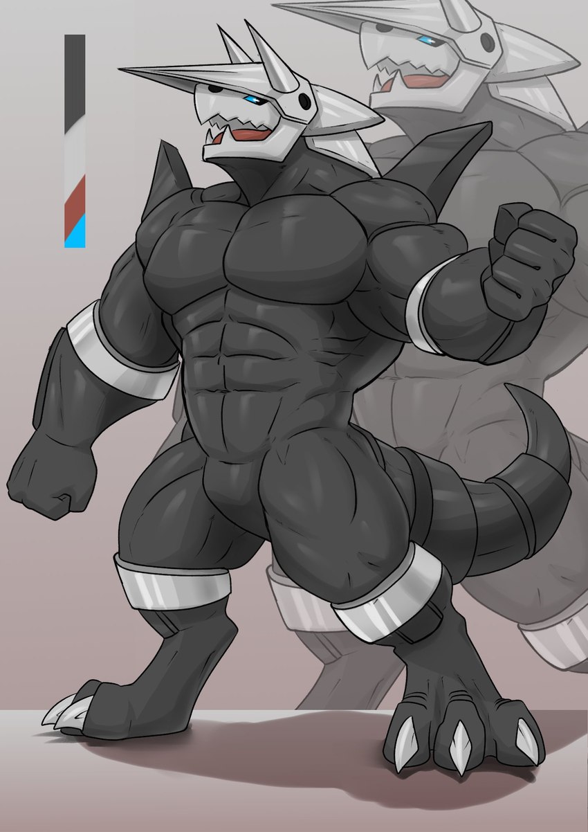 abs anthro armor biceps big_biceps biped black_body black_skin blue_sclera claws featureless_crotch head_plate horn jaws male muscular muscular_anthro muscular_arms muscular_legs muscular_male muscular_thighs open_mouth pecs plate_armor pokemorph pose serratus solo spikes spikes_(anatomy) steel valentinesartx nintendo pokemon aggron generation_3_pokemon pokemon_(species) hi_res