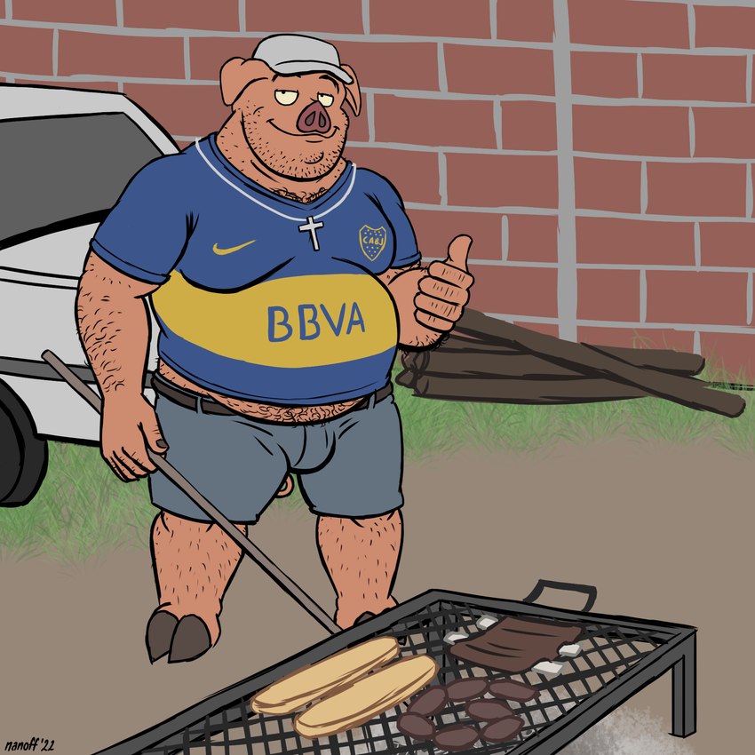 anthro asado barbecue body_hair bottomwear clothing crucifix food gesture hand_gesture hat headgear headwear male meat overweight overweight_male pork ribs sausage shorts soccer_uniform solo sportswear thumbs_up uniform nanoff boca_juniors nike joe_(nanoff) domestic_pig mammal suid suine sus_(pig) 1:1 hi_res