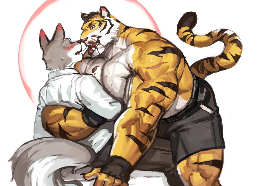 anthro blush bodily_fluids candy chocolate dessert duo food kissing male male/male muscular muscular_anthro muscular_male pecs scar striped_body stripes sweat vein traver009 coach_ho canid canine canis felid mammal pantherine tiger wolf absurd_res hi_res