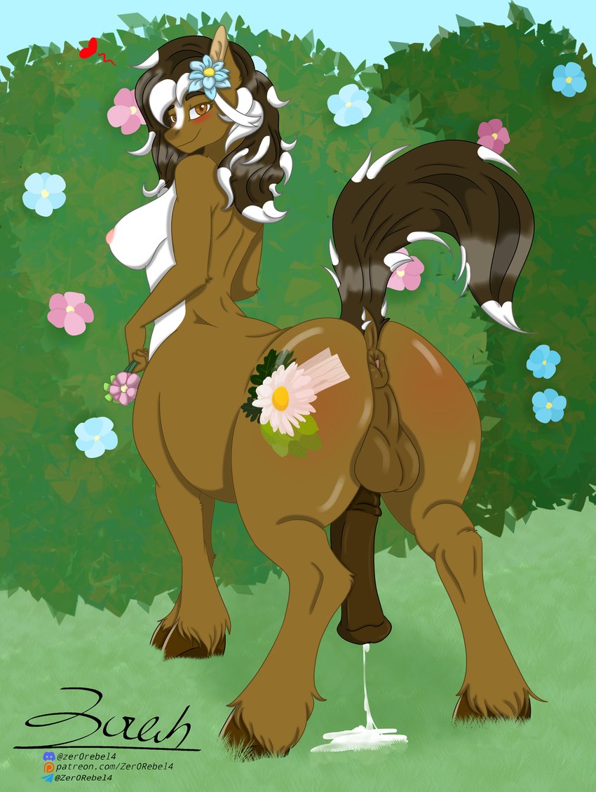 accessory alternate_form animal_genitalia animal_penis anus balls big_butt blush bodily_fluids body_blush breasts brown_body brown_eyes brown_fur brown_hair butt butt_blush clothing cum cum_drip cutie_mark daisy_(flower) dock_(anatomy) dripping equine_genitalia equine_penis fetlocks flared_penis flower flower_in_hair fur genital_fluids genitals gynomorph hair hair_accessory hedge hooves intersex looking_at_viewer markings medial_ring nipples outdoor_nudity outside penis perineum plant puffy_anus raised_tail rear_view seductive shrub smile solo tail tail_anus text translucent translucent_clothing white_body white_fur white_hair white_markings zer0rebel4 discord_(app) hasbro my_little_pony patreon telegram daisy_(zer0rebel4) earth_pony equid equid_taur equine equine_taur horse horse_taur mammal mammal_taur pony taur 2024 absurd_res hi_res url trans_(lore) trans_woman_(lore)