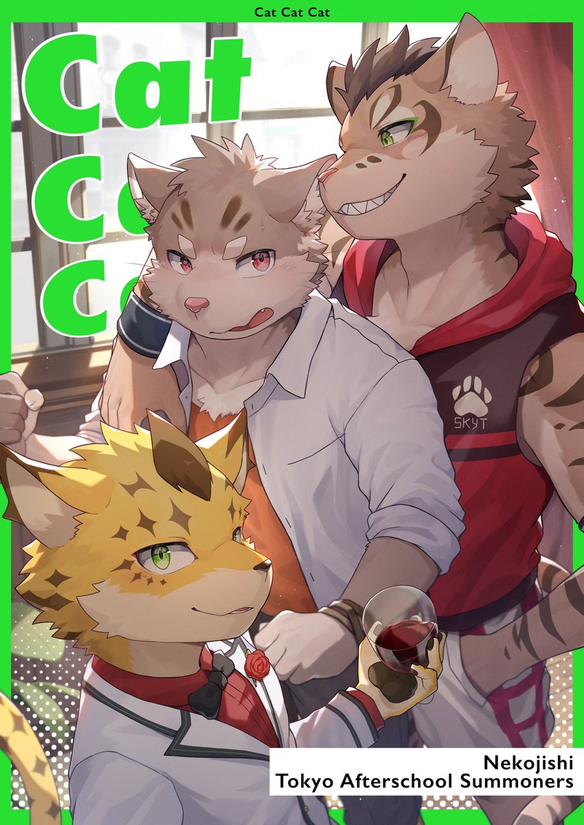 anthro bow_tie clothing eyeliner fur green_eyes grin group hoodie makeup male markings pawpads red_eyes smile spots spotted_body spotted_fur striped_body striped_fur stripes suit topwear trio yellow_body yellow_fur young young_anthro ponzu_tas lifewonders nekojishi studio_klondike tokyo_afterschool_summoners ose_(tas) shu-chi sitri_(tas) domestic_cat felid feline felis leopard mammal pantherine comic cover_art crossover hi_res