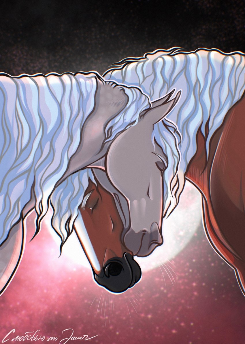 ambiguous/ambiguous ambiguous_gender duo eyes_closed feral light moon moonlight zamch mary_(bloopertrooper) maxym_(bloopertrooper) dolehest equid equine horse icelandic_horse mammal hi_res female_(lore) male_(lore)