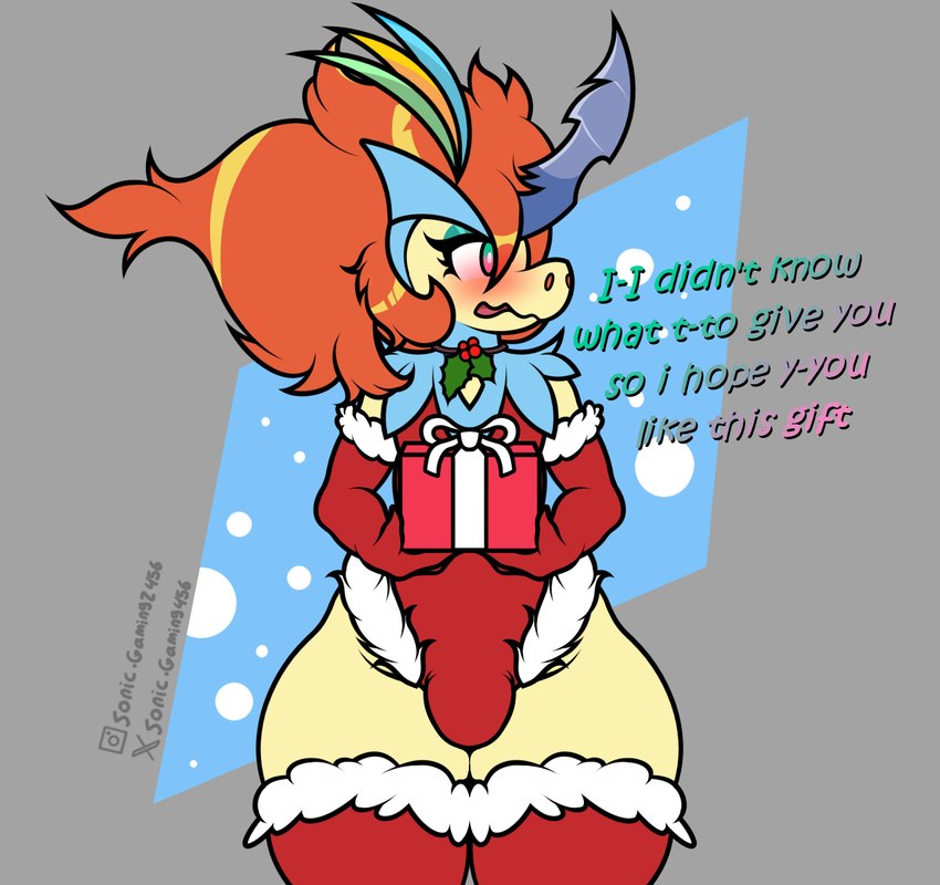 anthro armwear bashful blush bulge christmas_clothing clothed clothing crossdressing embarrassed eyeliner femboy holding_object holidays legwear looking_away makeup male shy solo stockings stuttering sonic_gaming456 christmas nintendo pokemon generation_5_pokemon keldeo keldeo_(resolute_form) legendary_pokemon pokemon_(species) hi_res