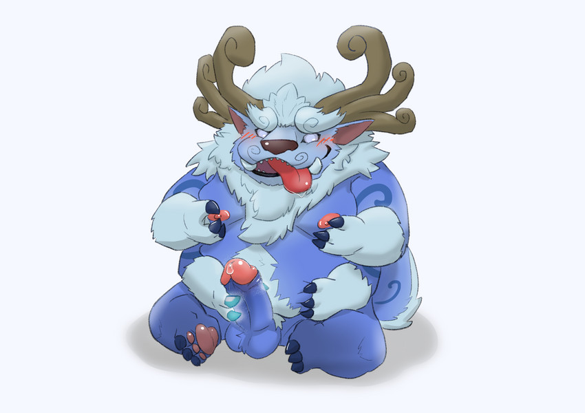 anthro balls blue_body blush erection genitals kemono male moobs nipples overweight overweight_anthro overweight_male penis simple_background sitting solo hokolee32 league_of_legends riot_games tencent willump_(lol) 2021 absurd_res hi_res