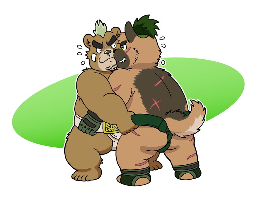 anthro asian_clothing brown_body brown_fur butt chibi clothing duo east_asian_clothing eyebrows flappy fur gloves handwear japanese_clothing male mawashi scar sumo sumo_wrestling thick_eyebrows topknot lifewonders tokyo_afterschool_summoners ashigara_(tas) yasuyori_(tas) bear canid canine canis domestic_dog mammal