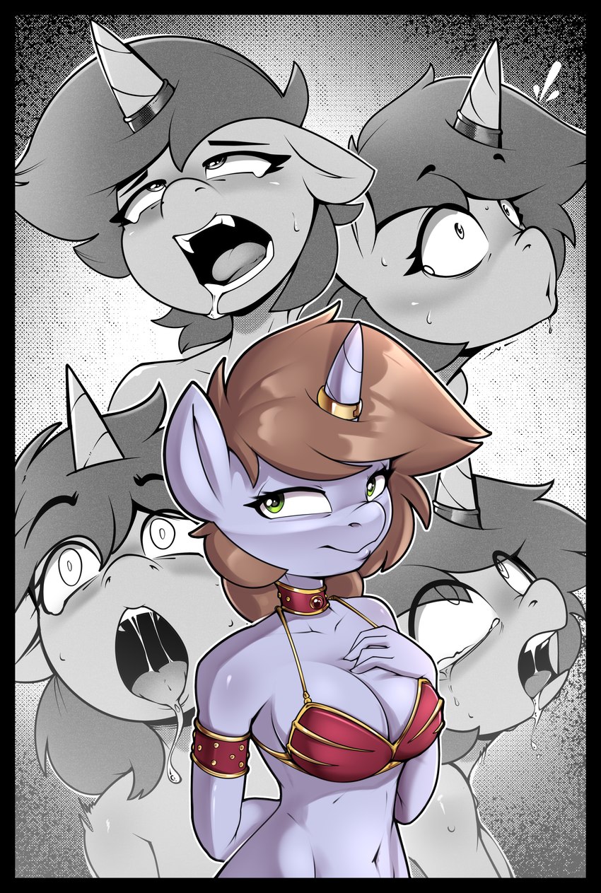 1_horn ahegao anthro armband bodily_fluids bra breasts brown_hair cleavage closed_smile clothed clothed_anthro clothed_female clothing collar collarbone constricted_pupils drooling eye_through_hair eyebrow_through_hair eyebrows eyelashes female female_anthro fingers green_eyes grey_body hair horn horn_jewelry horn_ring jewelry looking_pleasured mouth_closed narrowed_eyes navel open_mouth pupils ring_(jewelry) saliva slave small_pupils smile solo submissive submissive_anthro submissive_female sweat tears teeth tongue translucent translucent_hair underwear wide_eyed felixf fallout_equestria hasbro my_little_pony mythology fan_character littlepip equid equine mammal mythological_creature mythological_equine unicorn absurd_res half-length_portrait hi_res portrait