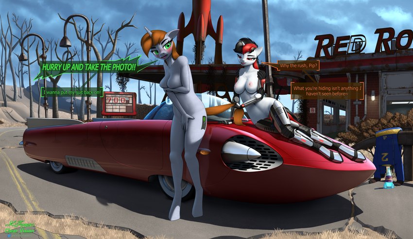 anthro areola blush breasts car cutie_mark dialogue duo eyebrows eyelashes female fingers green_eyes horn nipples nude nuka-cola nuka-cola_quantum outside red_eyes retrofuturism science_fiction shadow text vault_suit vehicle clearvision fallout fallout_equestria foe:_project_horizons hasbro microsoft my_little_pony mythology blackjack_(fallout_equestria) fan_character littlepip equid equine horse mammal mythological_creature mythological_equine pony unicorn 2021 absurd_res digital_media_(artwork) english_text hi_res huge_filesize