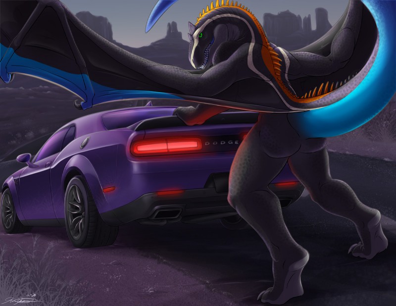 anthro asphalt claws day desert detailed_background dry_grass grass green_eyes grey_body horn leaning leaning_forward looking_back male membrane_(anatomy) membranous_wings multicolored_body multicolored_tail multicolored_wings nude outside plant raised_tail road scales sharp_teeth sky solo spread_wings tail tail_lights teeth toe_claws vehicle wings yami_griffin dodge_(brand) dodge_challenger dodge_hellcat mythology evo dinosaur dragon hybrid mythological_creature mythological_scalie prehistoric_species reptile scalie 2020 digital_media_(artwork) signature