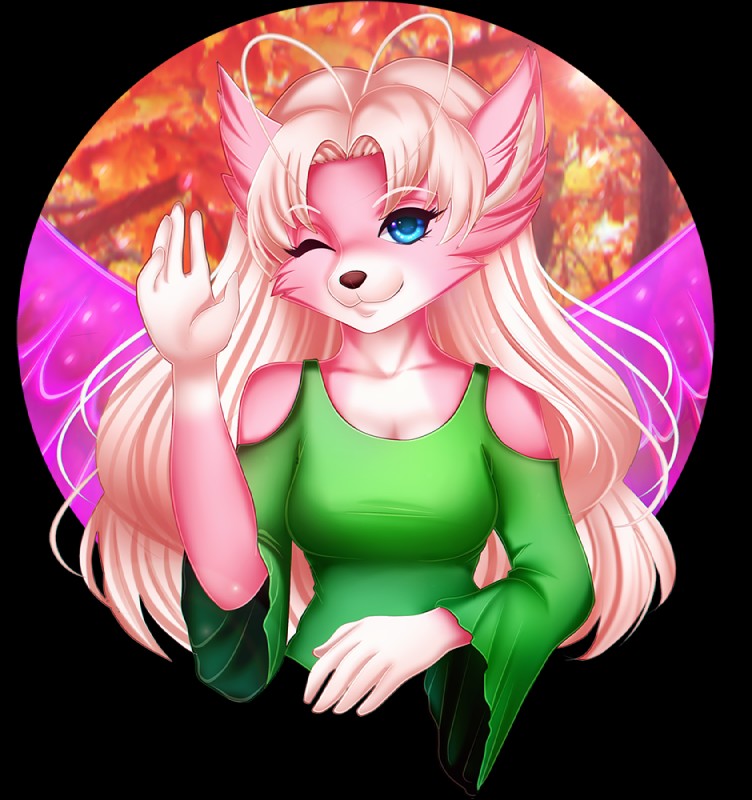 ahoge anthro autumn blue_eyes breasts circle cleavage clothed clothing crystal female front_view fully_clothed fur gesture hair long_hair one_eye_closed pink_body pink_fur pink_hair solo waving waving_at_viewer wings adorableinall mariah_veiethe canid canine canis mammal wolf alpha_channel digital_media_(artwork) half-length_portrait portrait