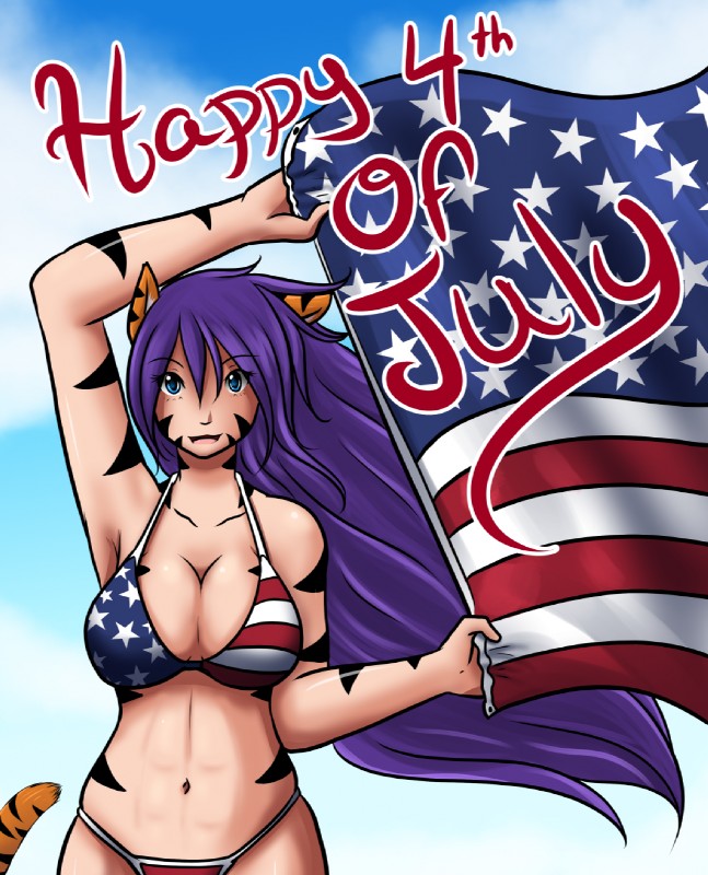 big_breasts bikini black_stripes blue_eyes breasts cat_tail clothed clothing facial_markings female flag hair head_markings huge_breasts long_hair looking_at_viewer markings open_mouth purple_hair smile solo stripes swimwear text two-piece_swimsuit sageofotherworlds yosh!_comics kate_summers animal_humanoid cat_humanoid felid felid_humanoid feline feline_humanoid human humanoid mammal mammal_humanoid hi_res