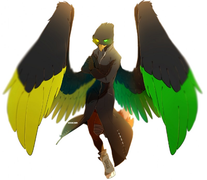 anthro beak clothed clothing coat crossed_arms feathered_wings feathers glowing glowing_eyes green_eyes heterochromia long_coat looking_at_viewer male simple_background solo topwear trenchcoat white_background wings wraps yellow_eyes hihikori avian bird falcon falconid