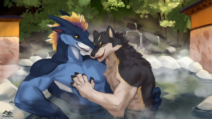 anthro cuddling duo hot_spring love male male/male nature nude onsen outside partially_submerged pecs romantic romantic_couple soak steam water zephyxus mythology teryx favonius teryx_commodore canid canine canis dragon mammal mythological_creature mythological_scalie rain_dragon scalie wolf 2024 hi_res