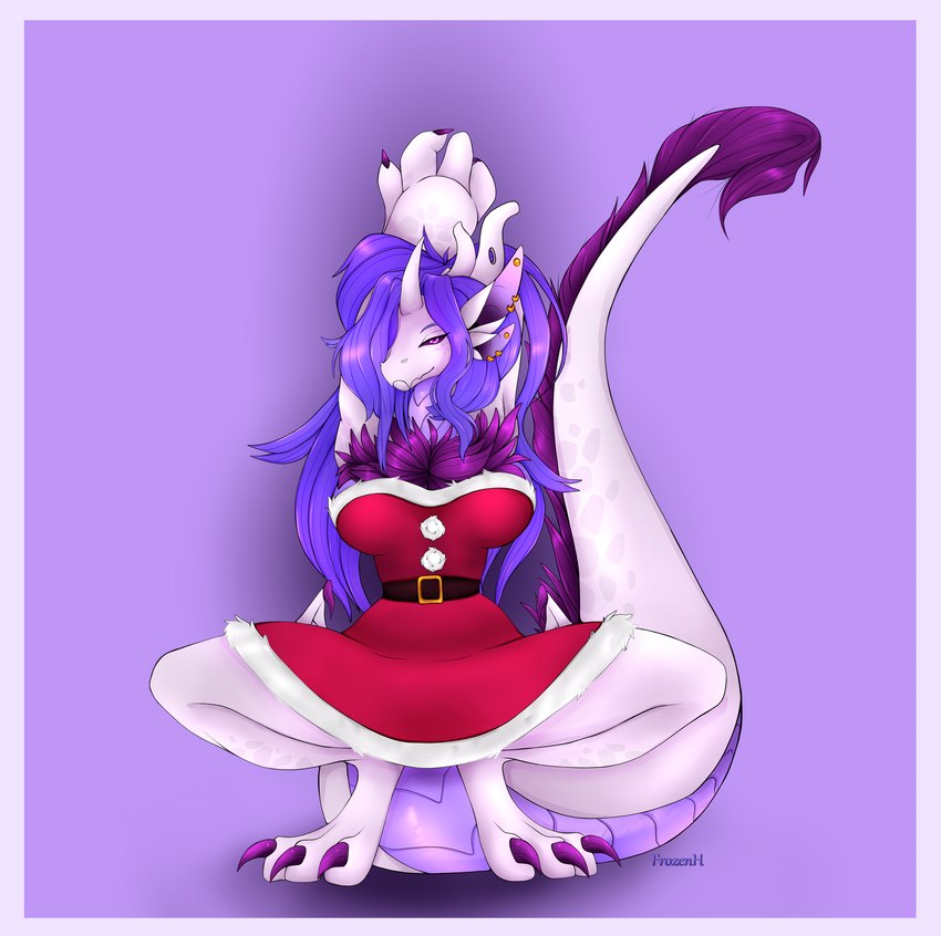 4_ears abs anthro antlers big_breasts black_sclera border bottomwear breasts christmas_bottomwear christmas_clothing christmas_skirt claws clothing ear_piercing ear_ring female fluffy fluffy_tail fur hair holidays horn jewelry long_hair multi_ear muscular muscular_anthro muscular_female muscular_thighs piercing purple_background purple_body purple_eyes purple_fur purple_scales ring_piercing scales simple_background skirt smile solo spread_legs spreading tail white_border wings hecatefroz christmas mythology frozen_(hecatefroz) dragon hybrid mythological_creature mythological_scalie scalie 2023 absurd_res digital_drawing_(artwork) digital_media_(artwork) hi_res shaded signature