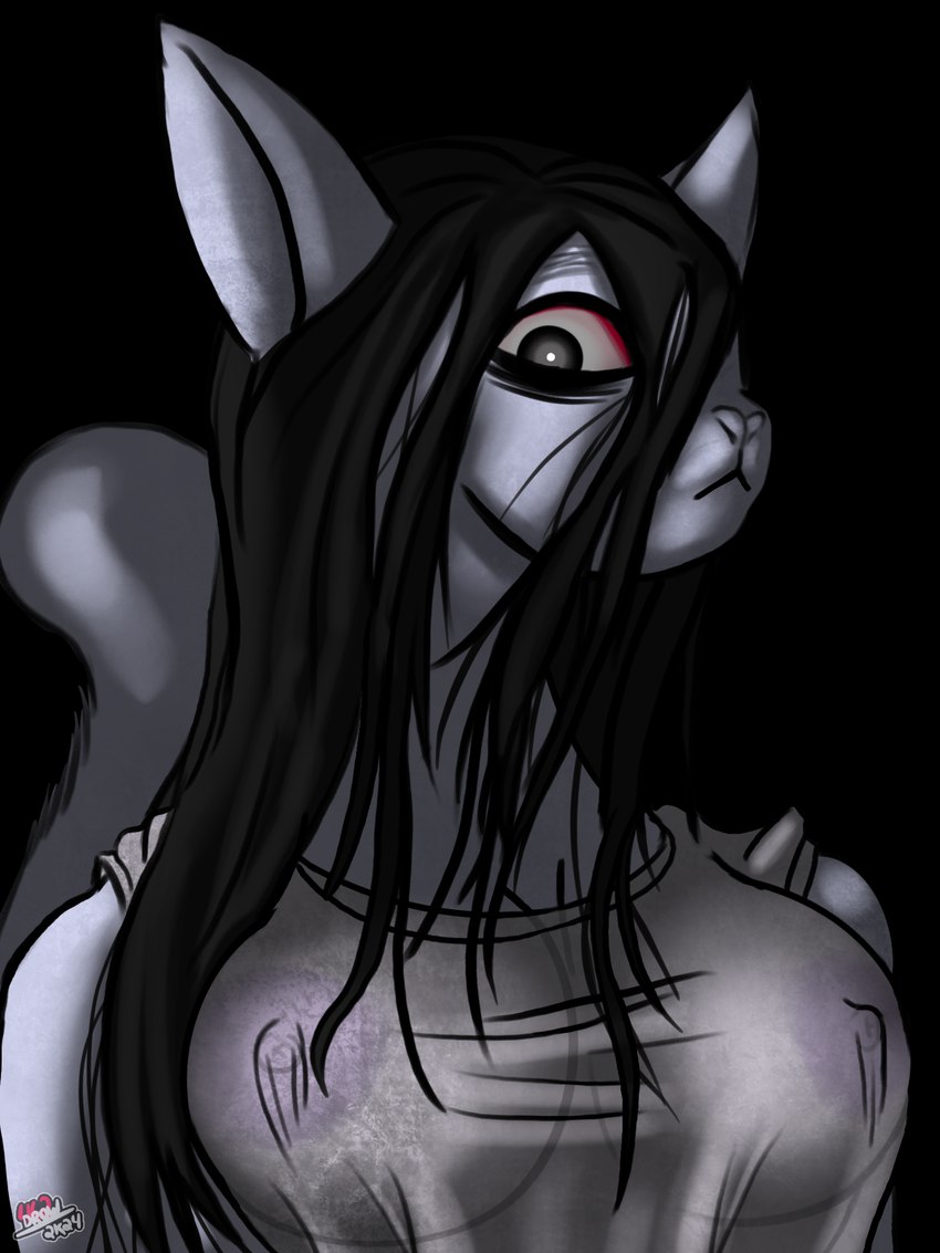 anthro areola black_background black_hair bloodshot_eyes blue_body blue_fur breasts clothing creepy female fluffy fluffy_tail fur grey_body grey_clothing grey_fur grey_shirt grey_topwear hair long_hair looking_at_viewer messy_hair nipple_outline nipples pointy_ears prick_ears purple_areola purple_nipples shirt simple_background solo tail topwear translucent translucent_clothing translucent_shirt translucent_topwear wide_eyed drow462 asian_mythology east_asian_mythology japanese_mythology mythology the_grudge kayako_saeki ghost mammal onryo rodent sciurid spirit tree_squirrel yokai 3:4 hi_res