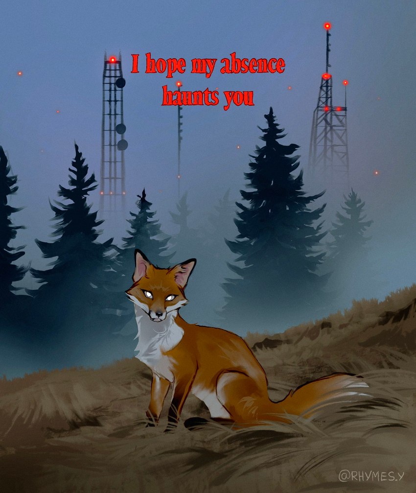 ambiguous_gender black_body black_fur dish evergreen_tree feral fog foggy_background forest fur glowing glowing_light grass looking_at_viewer orange_body orange_fur pine_tree plant radio_tower sitting solo text tree white_body white_fur rhymes_art canid canine fox mammal english_text full-length_portrait hi_res portrait