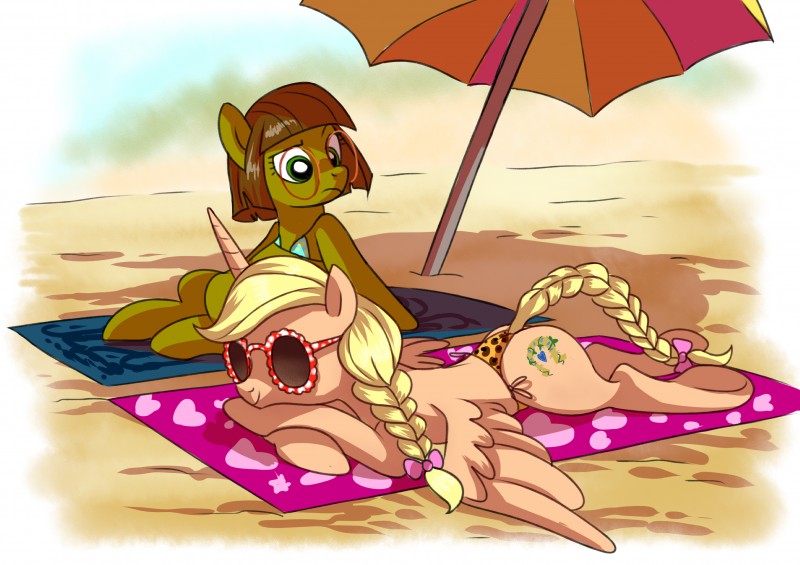 accessory beach bikini blonde_hair bow_(feature) bow_accessory bow_ribbon braided_hair braided_tail brown_hair clothing crossed_legs cutie_mark duo eyelashes eyewear feathered_wings feathers female feral furgonomics glasses green_eyes hair hair_accessory hair_bow hair_ribbon horn lying on_towel parasol ribbons sand seaside smile spread_wings sunbathing swimwear tail tail_accessory tail_bow tail_ribbon towel two-piece_swimsuit under_shade wings adlynh hasbro my_little_pony mythology fan_character equid equine mammal mythological_creature mythological_equine winged_unicorn absurd_res hi_res