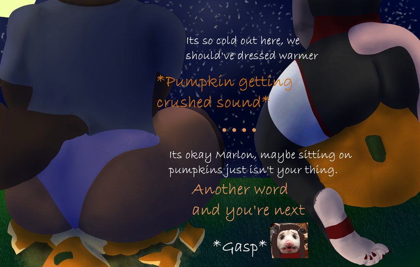 anthro big_butt butt clothing curvy_figure duo feet female food footwear fruit holidays male male/female plant pumpkin sitting_on_pumpkin socks soles stirrup_leggings stirrup_socks text thick_thighs wide_hips saenath halloween ember_(saenath) marlon_(saenath) american_opossum canid canine canis domestic_dog german_shepherd herding_dog mammal marsupial pastoral_dog virginia_opossum english_text hi_res