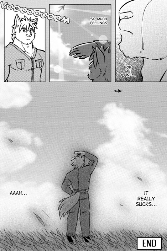 aircraft airplane anthro arm_by_side arms_bent bodily_fluids crying hand_above_head hand_over_head male muscular raised_arm raised_hand standing straight_legs tears text_box vehicle ryuu_majin felid mammal comic greyscale hi_res monochrome