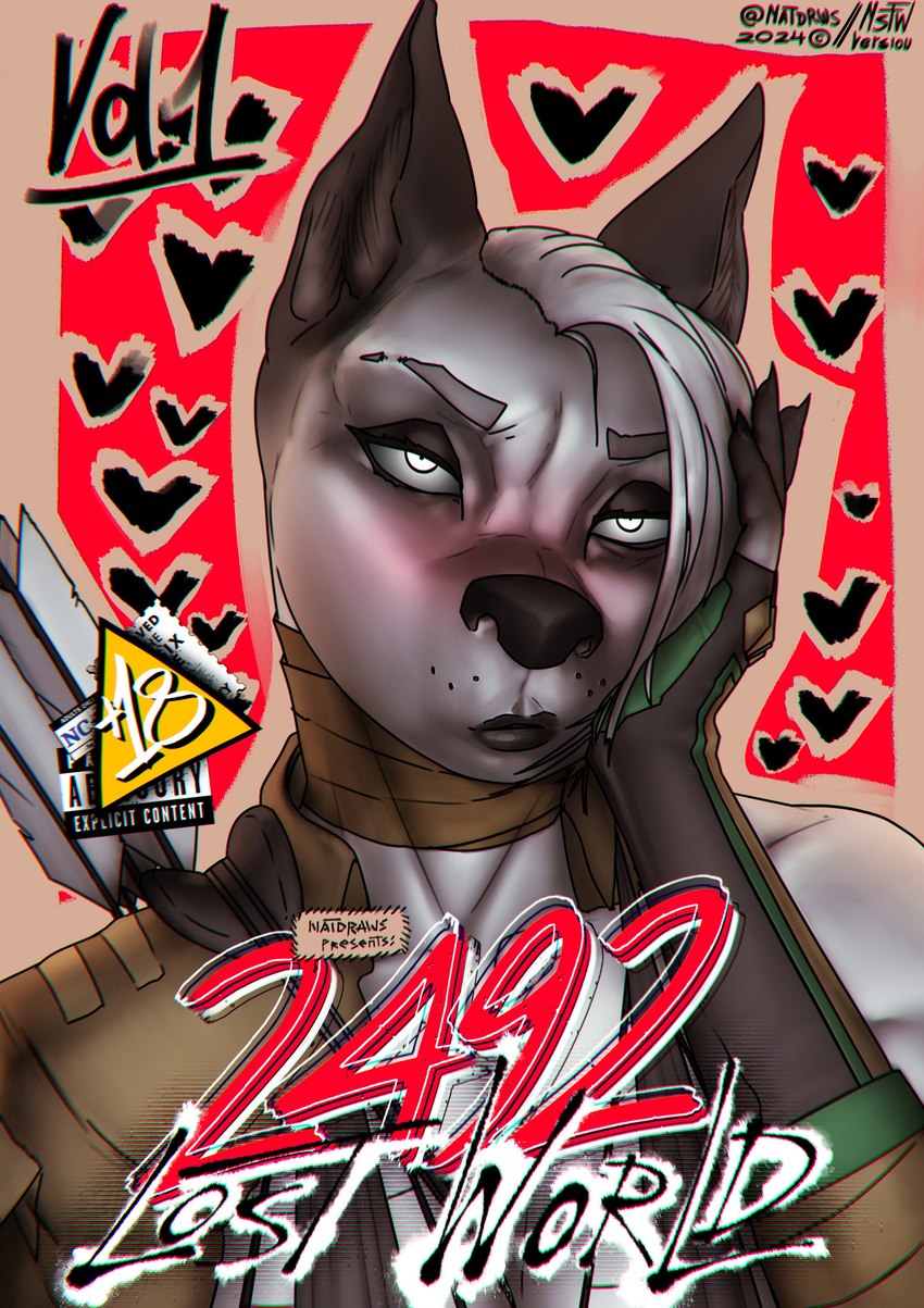 anthro arrows blush eyebrows female heart_symbol lipstick looking_at_viewer makeup solo text weapon natdraws canid canine mammal absurd_res cover cover_art cover_page digital_media_(artwork) hi_res