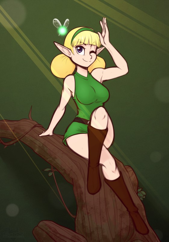 big_breasts blonde_hair blue_eyes boots breasts clothed clothing crossed_legs female footwear hair humanoid_pointy_ears looking_at_viewer not_furry one_eye_closed pointy_ears shoes smile solo wink scorpdk nintendo ocarina_of_time the_legend_of_zelda fado fairy humanoid kokiri 2018 digital_media_(artwork) hi_res