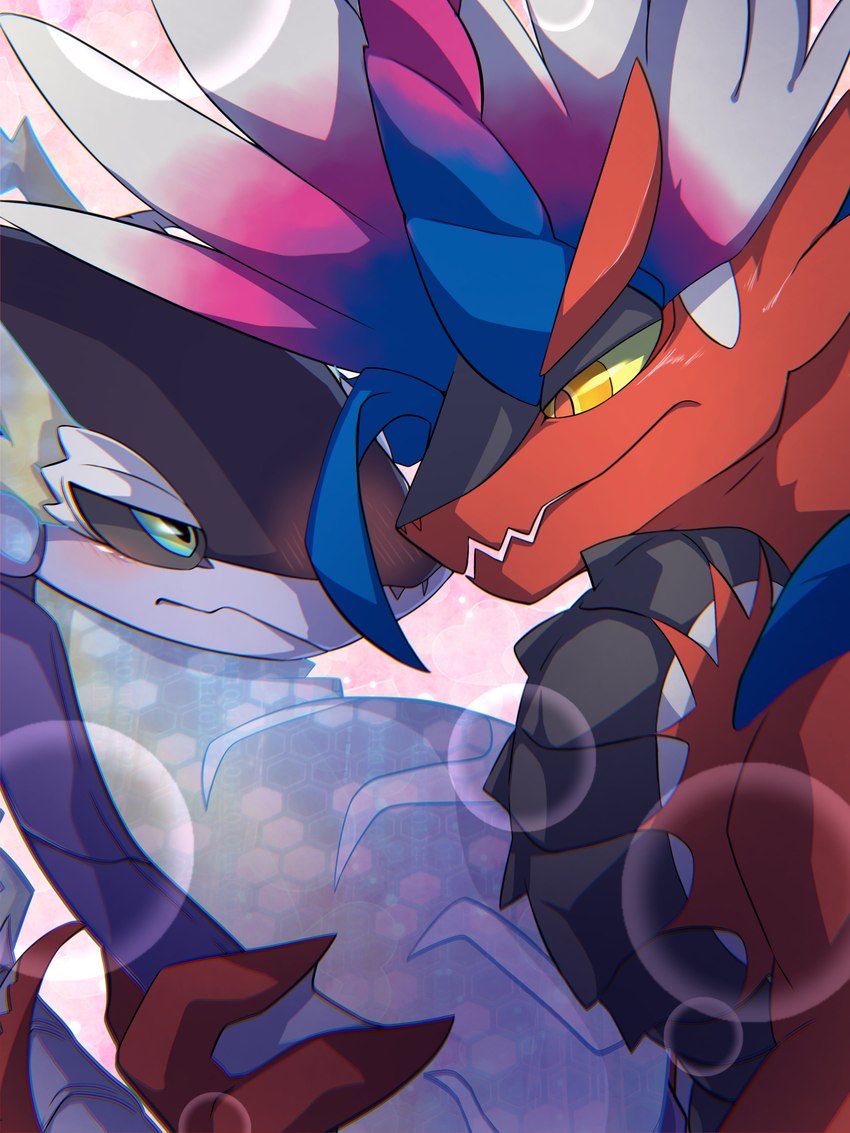 anthro biped blue_body blue_eyes blush duo male orange_eyes purple_body red_body white_body mame02550912 nintendo pokemon ancient_pokemon future_pokemon generation_9_pokemon koraidon legendary_pokemon miraidon paradox_pokemon pokemon_(species) 3:4 absurd_res hi_res