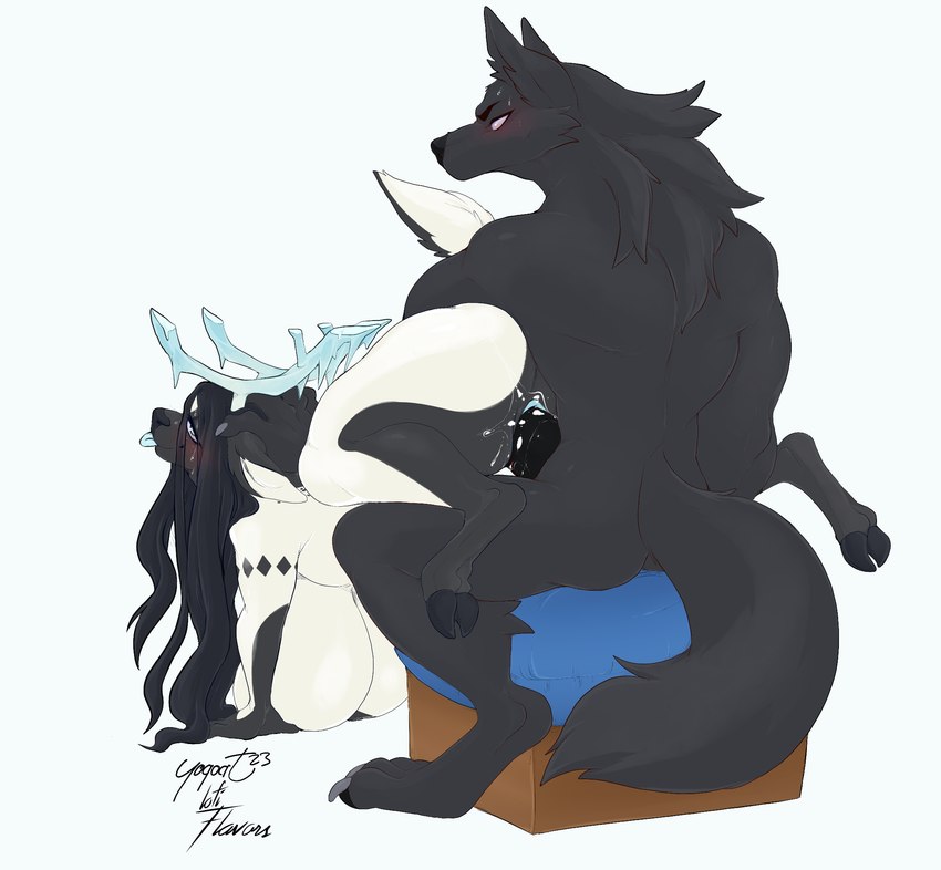 anthro anthro_on_anthro anthro_penetrated anthro_penetrating anthro_penetrating_anthro antlers big_breasts biped black_body black_fur black_hair blush bodily_fluids breasts claws duo female female_penetrated fur genitals hair hooves horn interspecies male male/female male_penetrating male_penetrating_female paws penetration penile penile_penetration penis penis_in_pussy predator/prey pussy sex simple_background sweat tail tongue tongue_out vaginal vaginal_penetration white_background lofiflavors yogoat canid canine canis deer mammal wolf artist_collaboration digital_media_(artwork) hi_res