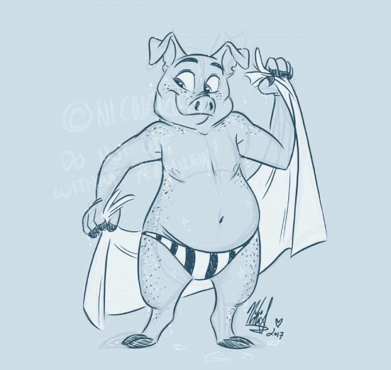 anthro butt_polish clothed clothing drying holding_object holding_towel male obese obese_anthro obese_male overweight overweight_anthro overweight_male simple_background skimpy solo speedo swimwear topless towel water wet nicnak044 basil_(urbansaint) domestic_pig mammal suid suine sus_(pig) 2017 hi_res