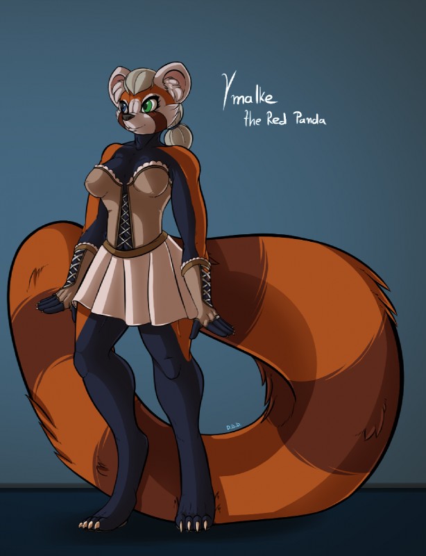 anthro clothed clothing female fluffy fluffy_tail heterochromia solo standing tail devilbluedragon ymalke_(yusarie) ailurid mammal red_panda hi_res herm_(lore)