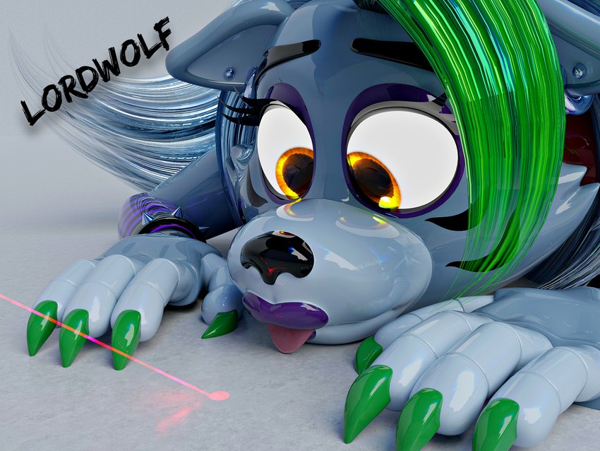 4_fingers anthro black_nose breasts claws cleavage cleavage_cutout clothed clothing cutout ear_piercing ear_ring eyebrows female fingers flashlight glistening glistening_body green_claws green_highlights grey_hair hair highlights_(coloring) laser_pointer lipstick looking_at_viewer machine makeup piercing pointy_ears prick_ears purple_lipstick ring_piercing solo yellow_eyes lordwolf five_nights_at_freddy's five_nights_at_freddy's:_security_breach scottgames steel_wool_studios roxanne_wolf roxanne_wolf_(coolioart) animatronic canid canine canis mammal robot robot_anthro wolf 2025 3d_(artwork) digital_media_(artwork) hi_res