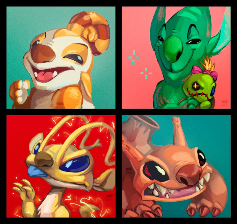 dupe, phantasmo, scrump, sparky, and yang (lilo and stitch and etc) created by narico