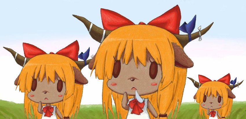 2_horns accessory alternate_species anthro bangs blue_ribbon blush blush_stickers bodily_fluids brown_body brown_ears brown_eyes brown_fur chibi clothing eyelashes female fur furgonomics furrification grass_field group hair hair_accessory hair_ribbon hair_tie horn horn_accessory horn_ribbon long_hair neck_ribbon orange_hair outside red_ribbon ribbons saliva shirt sky topwear trio white_clothing white_shirt white_topwear shinigami1919 cookie_(touhou) touhou suika_ibuki yamin_(cookie) deer mammal 2014