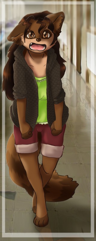 4_toes amber_eyes anthro barefoot biped bottomwear brown_body brown_eyes brown_fur brown_hair brown_nose brown_tail clothed clothing feet female fist fur hair hoodie long_hair looking_at_viewer open_mouth outside pouting red_bottomwear red_clothing red_shorts reflection shorts solo standing sweater tail teeth toes tongue topwear cainethelongshot madeline_(cainethelongshot) mammal procyonid raccoon 2014 absurd_res hi_res