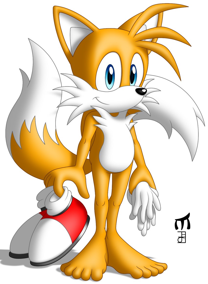 2_tails anthro barefoot blue_eyes cheek_tuft chest_tuft clothing facial_tuft feet footwear gloves handwear male multi_tail shoes solo tail tuft undressed white_clothing white_gloves white_handwear amidnarasu sega sonic_the_hedgehog_(series) miles_prower canid canine fox mammal hi_res