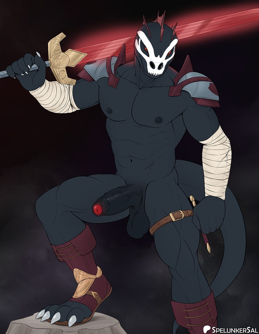 5_fingers abs anthro armor balls claws clothed clothing erection fingers foreskin genitals holding_melee_weapon holding_object holding_sword holding_weapon humanoid_genitalia humanoid_penis knife male mask melee_weapon muscular muscular_male navel nipples partially_clothed penis red_eyes solo standing sword tail vein veiny_penis weapon spelunker_sal microsoft the_elder_scrolls argonian scalie digital_media_(artwork) hi_res