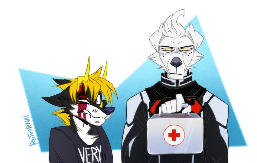 angry anthro band-aid bandage cape clothing duo emotional first_aid_kit helping hero horn journalist male medical_examination medical_instrument scientific_instrument service_animal suit suit_symbol superdog superhero wounded rethornal walk-w-igny ignatius_walker_(walk-w-igny) igny_superstar palmer_cox_the_superdog_(walk-w-igny) alien canid canine canis domestic_dog kryptonian mammal wolf