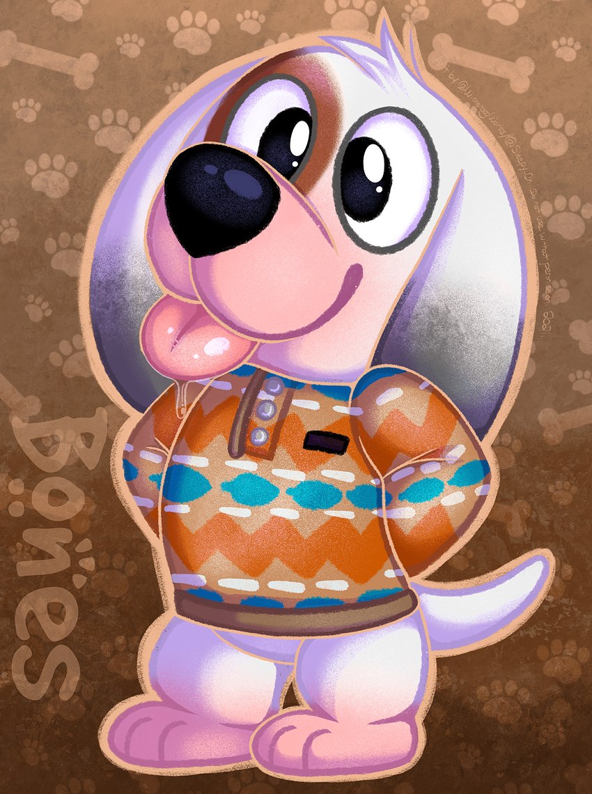 anthro barefoot black_eyes black_nose bottomless chibi clothed clothing feet hands_behind_back head_tuft male multicolored_body paws shirt smile solo standing tail tongue tongue_out topwear tuft white_body white_tail wienerdogworks animal_crossing nintendo bones_(animal_crossing) canid canine canis domestic_dog mammal 2022 digital_drawing_(artwork) digital_media_(artwork) full-length_portrait hi_res portrait