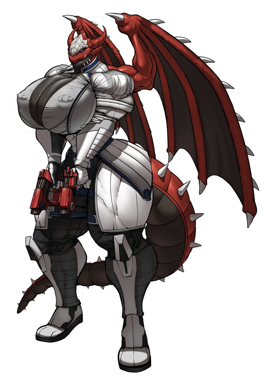 anthro big_breasts breasts clothed clothing female gun huge_breasts membrane_(anatomy) membranous_wings muscular muscular_female nipple_outline non-mammal_breasts ranged_weapon red_body simple_background solo tail weapon white_background wide_hips wings r2roh mythology exeter dragon mythological_creature mythological_scalie scalie hi_res