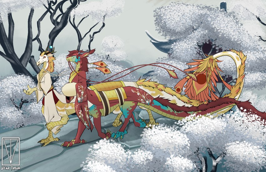 asian_clothing clothed clothing east_asian_clothing female implied_dialog japanese_clothing kimono male scenery walking winter vena_tasuh mythology noodle_(jestrab) dragon eastern_dragon mythological_creature mythological_scalie scalie taur absurd_res hi_res